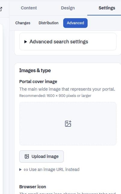 Website Settings with Changes, Distribution, and Advanced tabs, followed by cover-image controls.